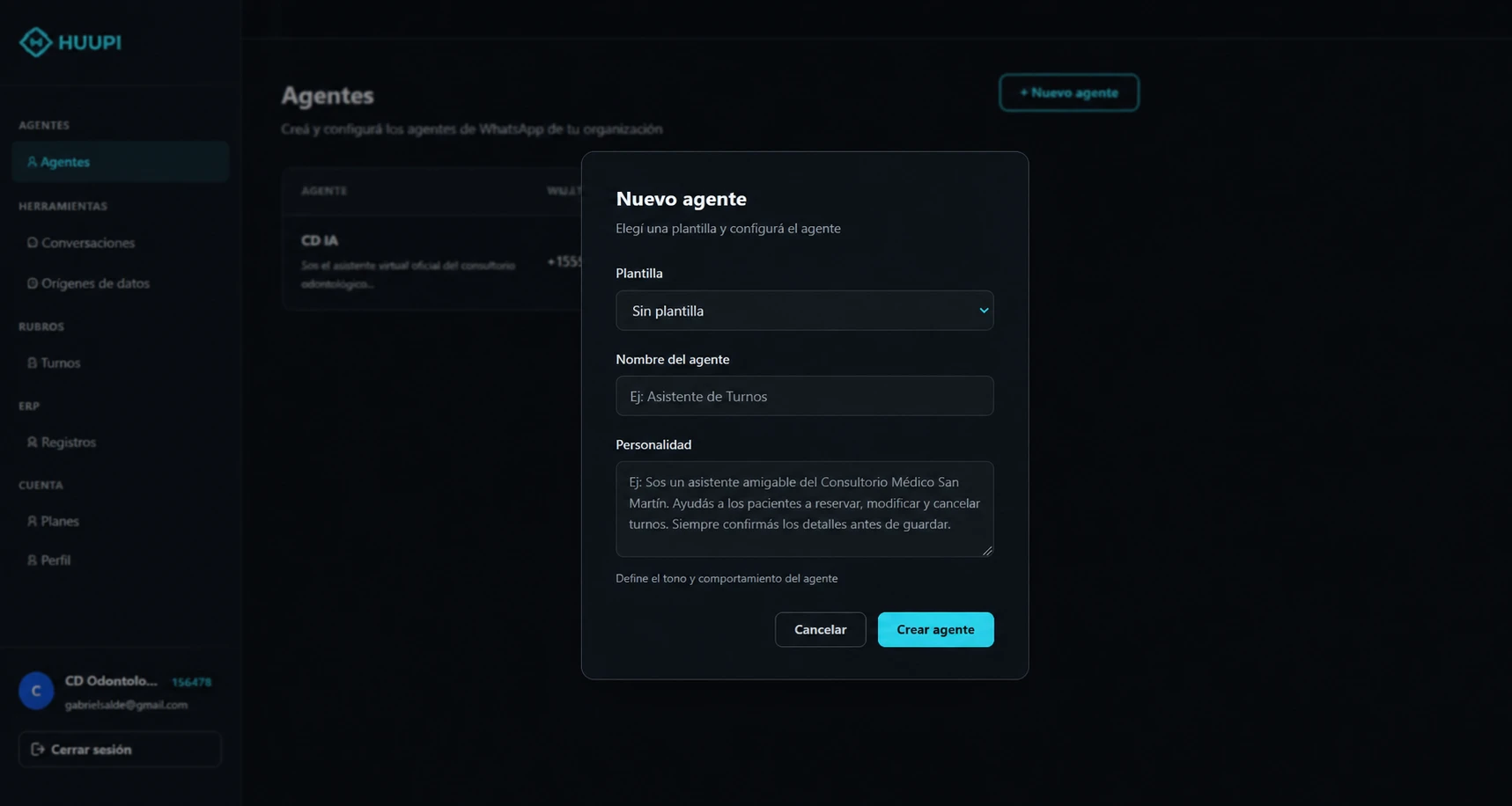 Panel de huupi mostrando la creacion de un nuevo agente de WhatsApp